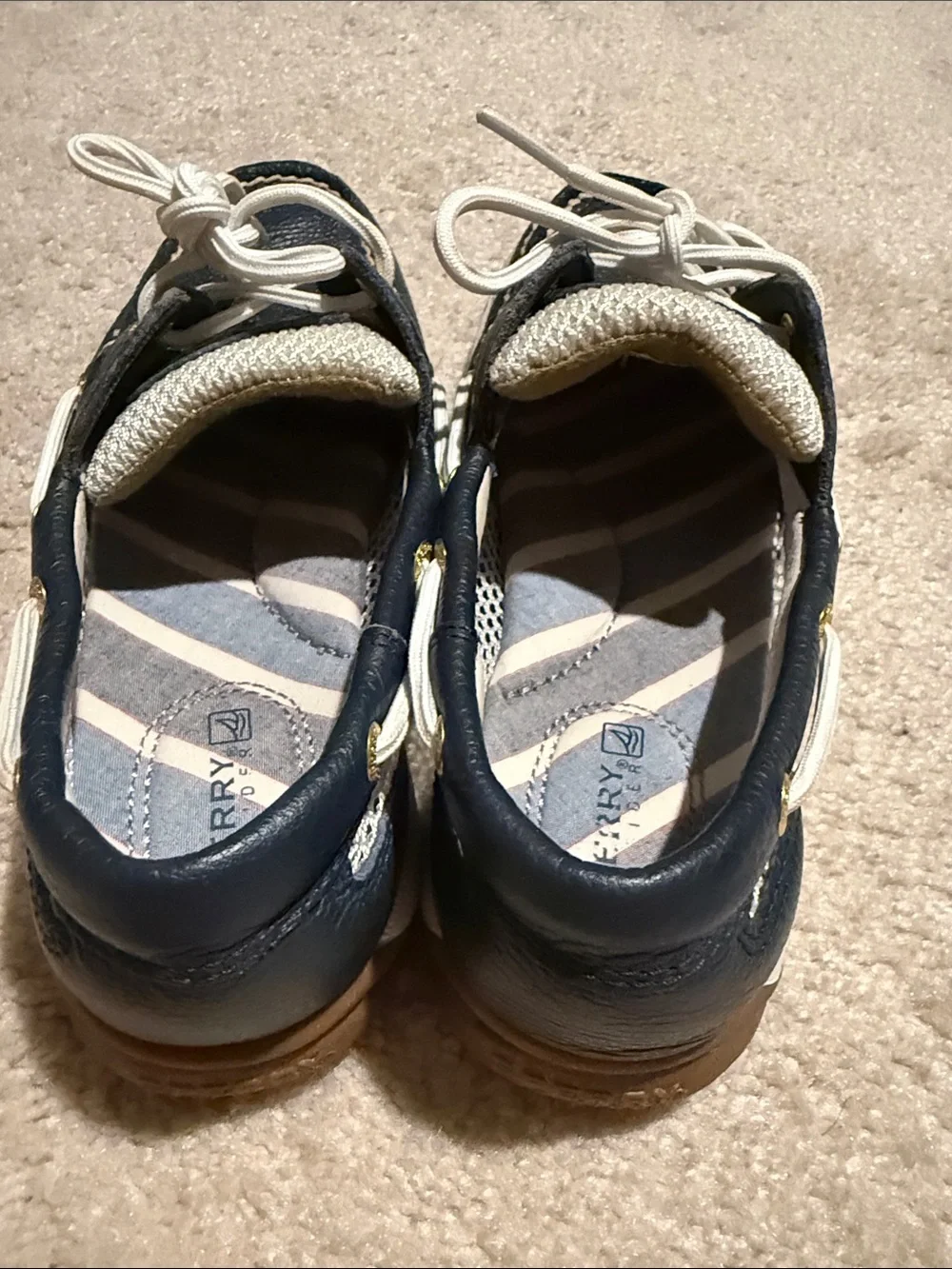Sperry Navy and White Women's Mesh Boat Sneakers with Gold Eyelets